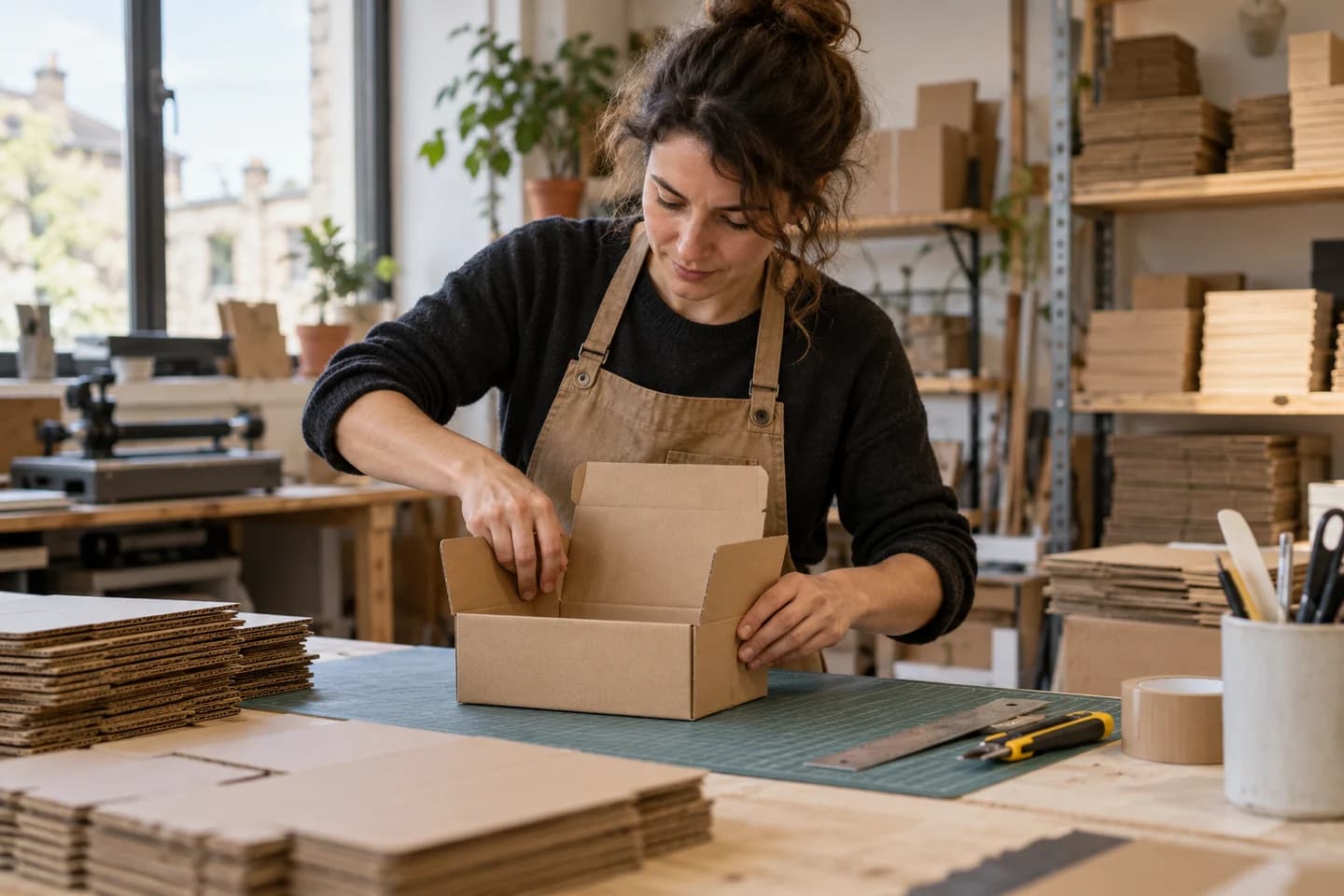 Fabricante assemblant un prototype de boîte en carton