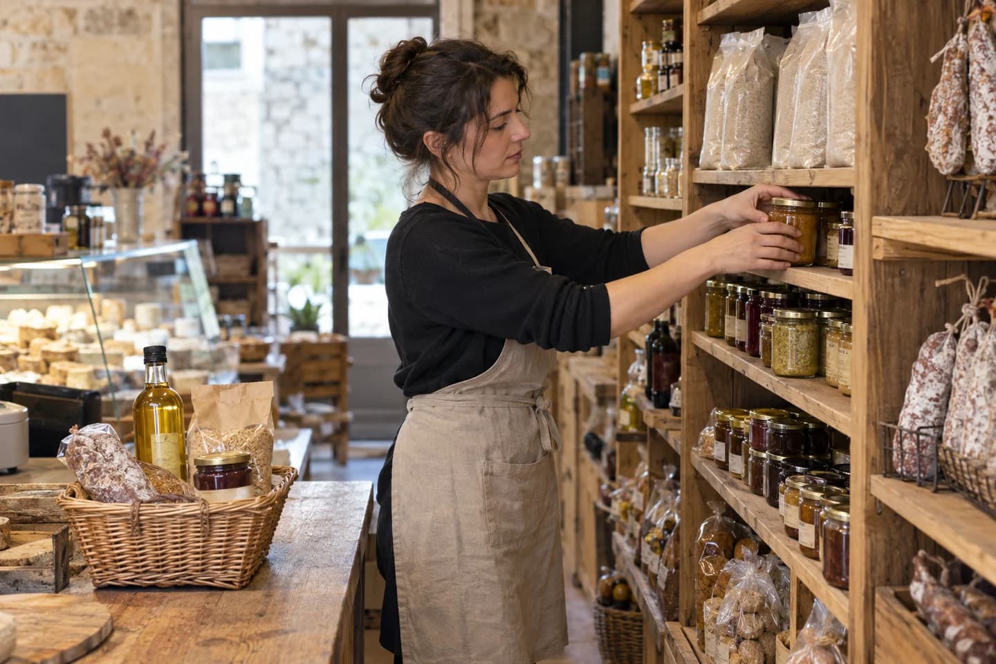 A shopkeeper arranges jars in a delicatessen.