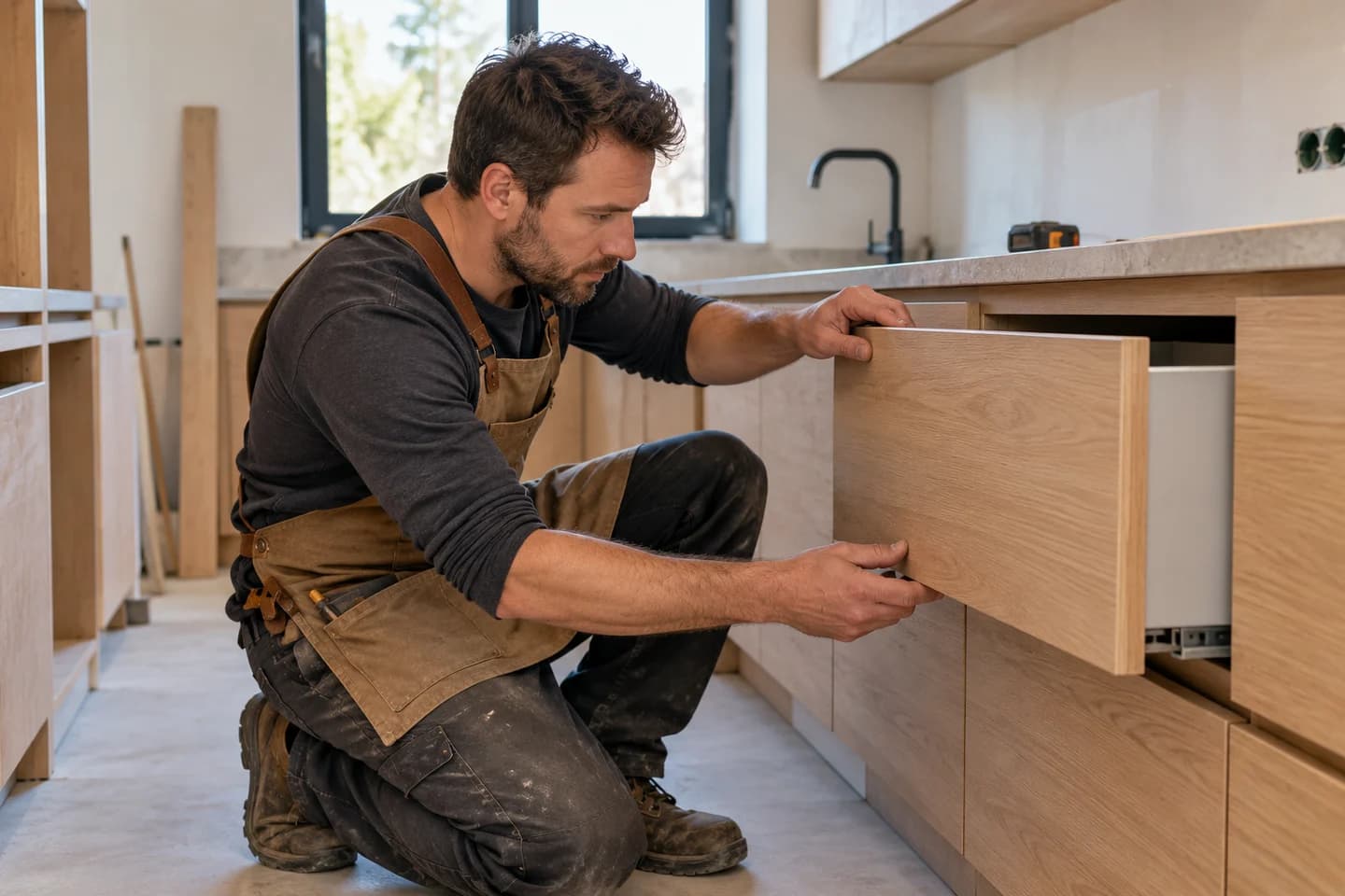 Cabinet maker adjusting a wooden kitchen drawer