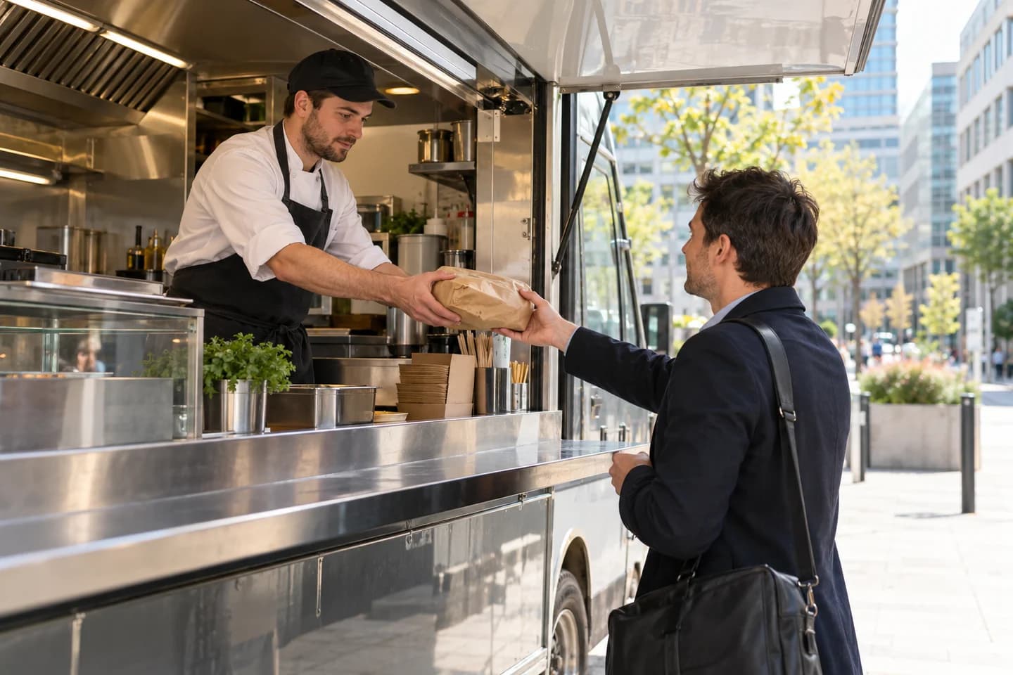 Une équipe prépare des commandes dans un food-truck.