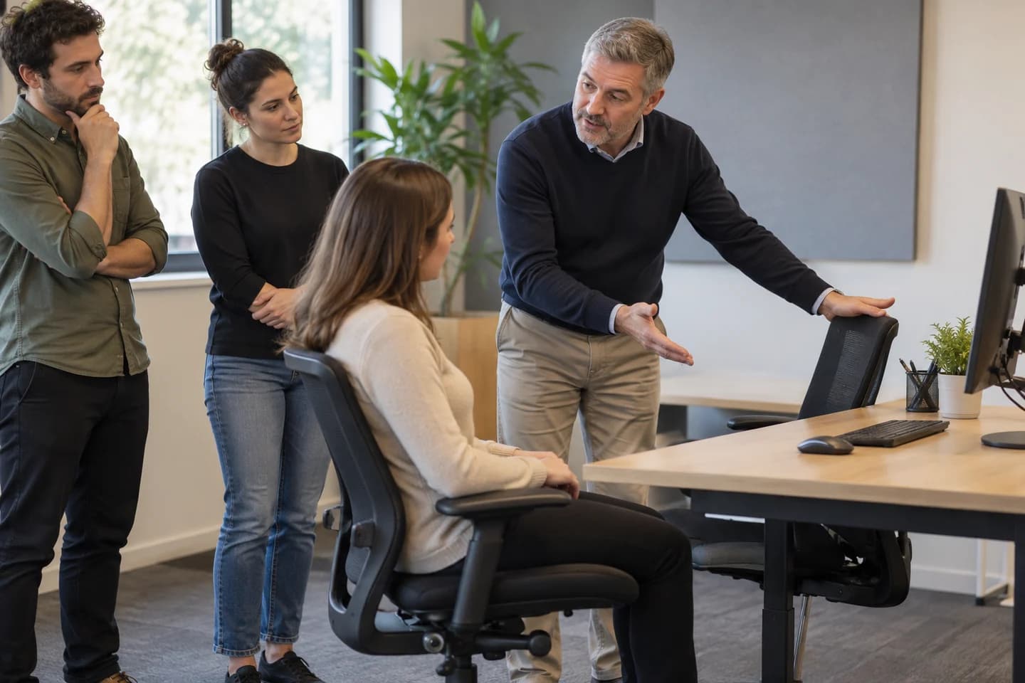 A trainer discusses a workstation with a small group.