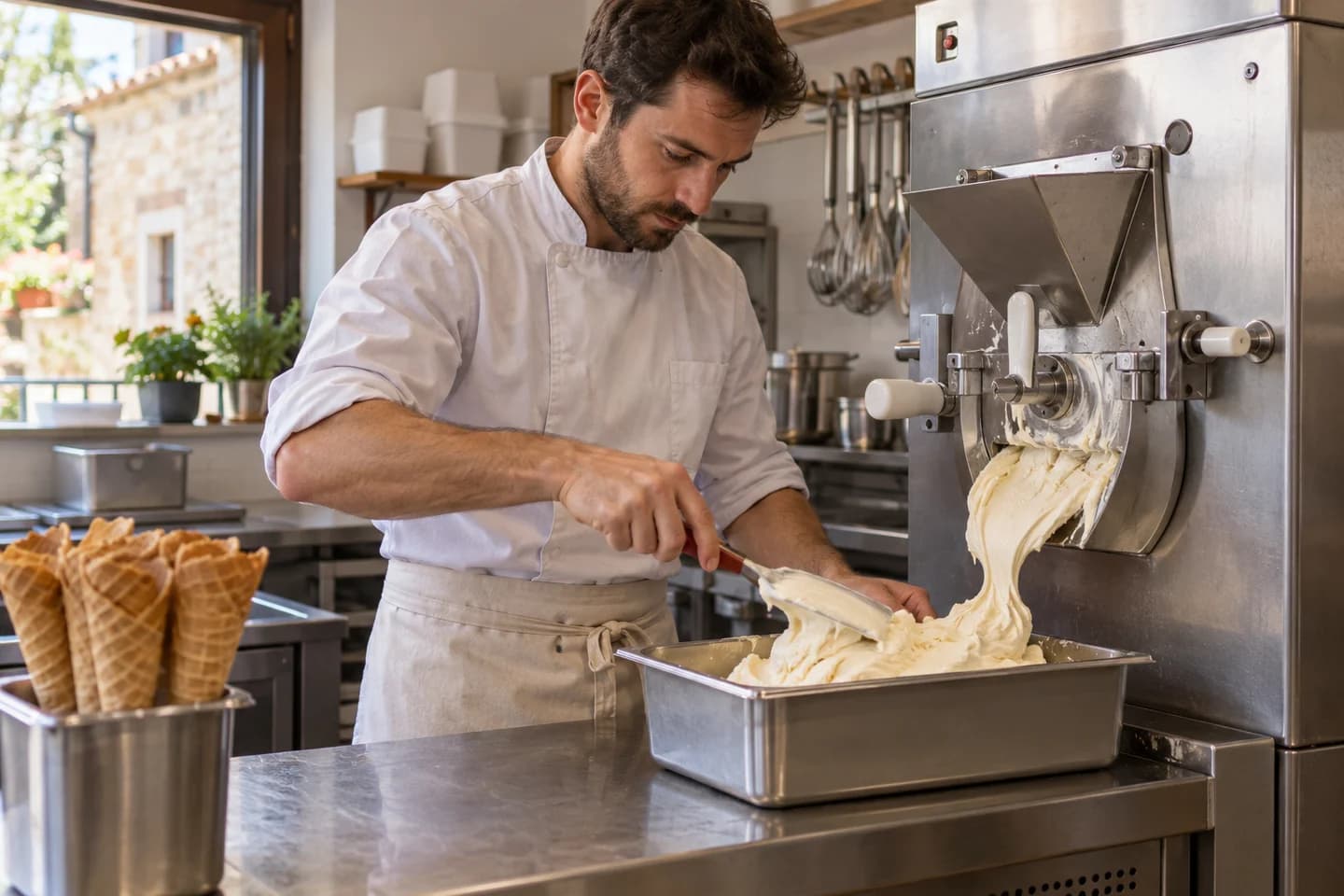 Une artisane prépare des glaces dans une petite boutique de glacier.