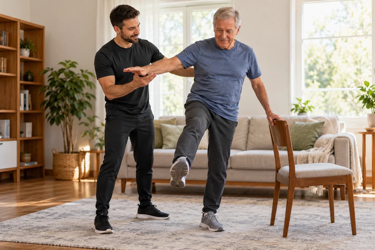 An instructor guides an older adult through a gentle exercise.