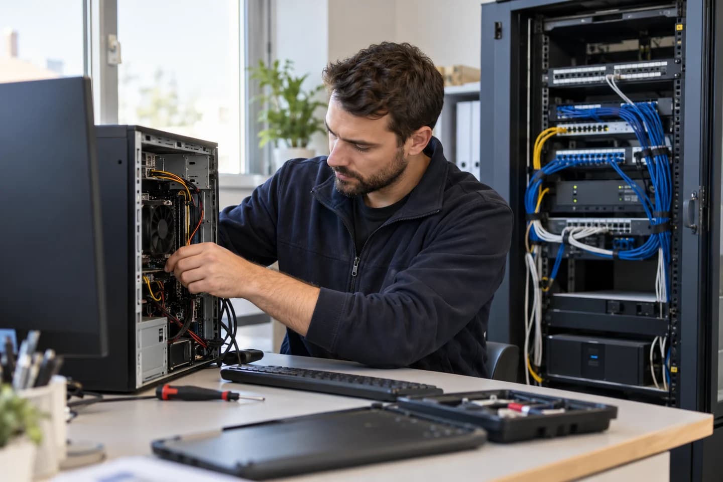 Un technicien contrôle un poste informatique et son réseau.