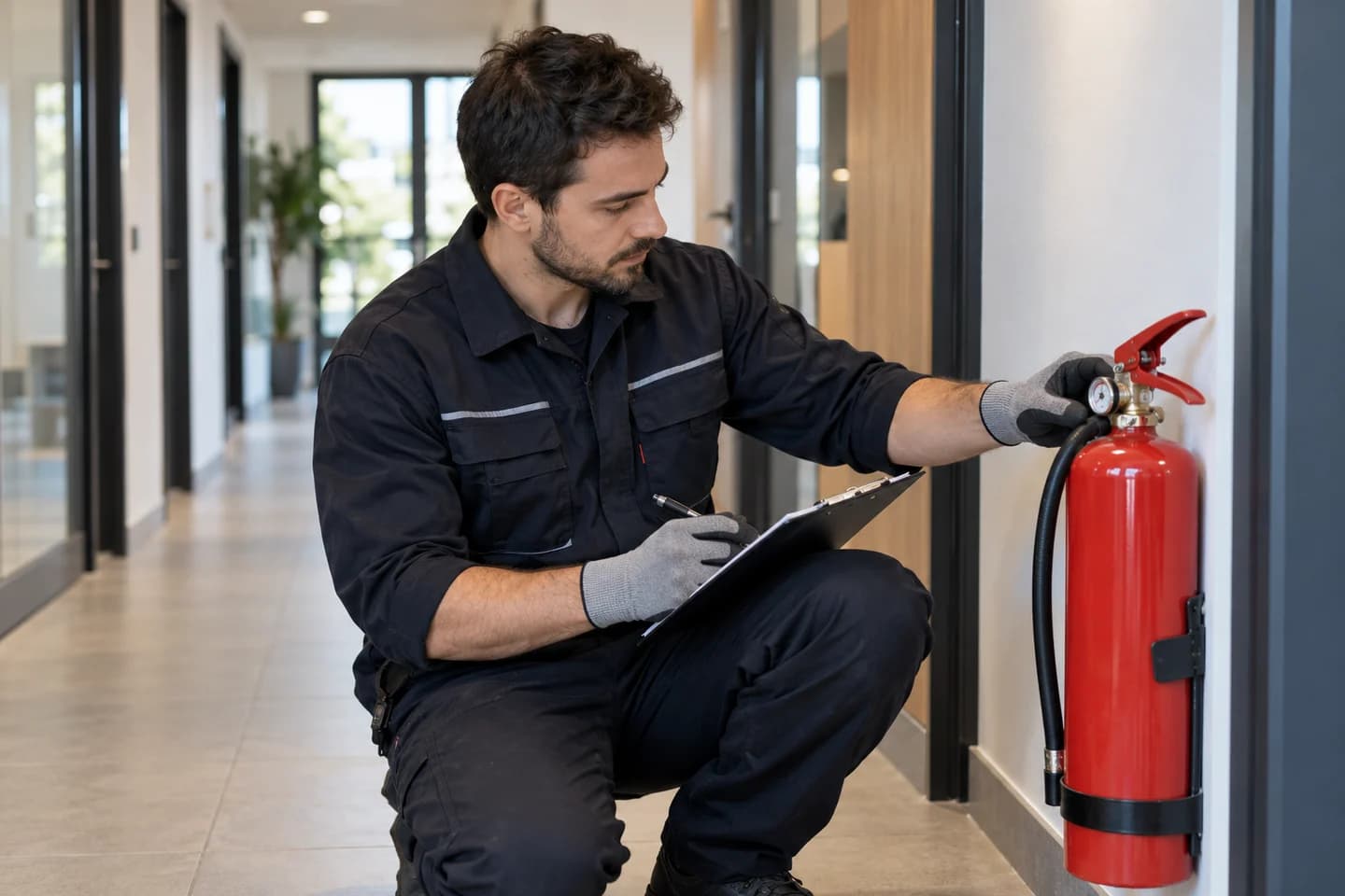 Un technicien inspecte un extincteur dans un bâtiment.