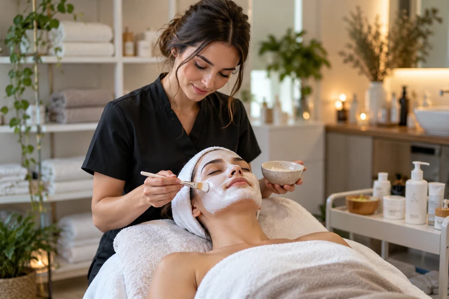 Une esthéticienne applique un masque cosmétique dans un institut.