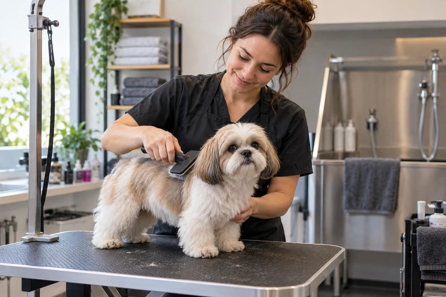 Une toiletteuse brosse un petit chien dans son salon.