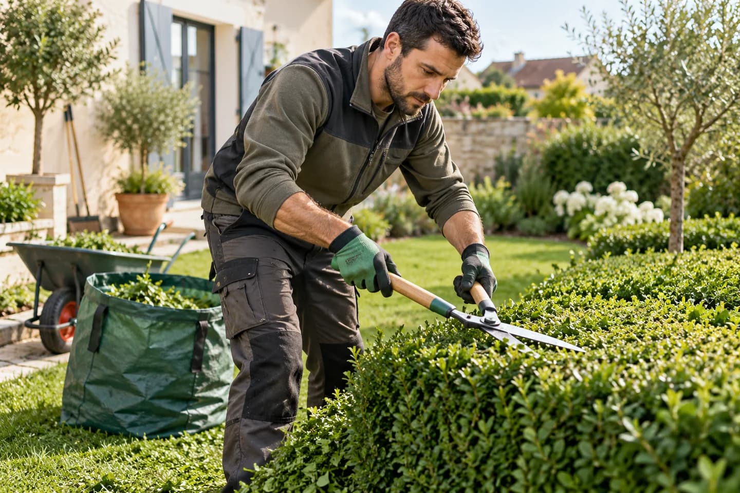 Gardener trimming a low hedge