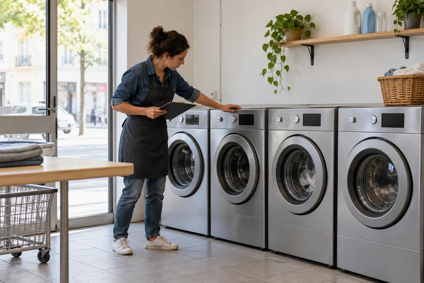 Une gérante inspecte les machines d’une laverie.