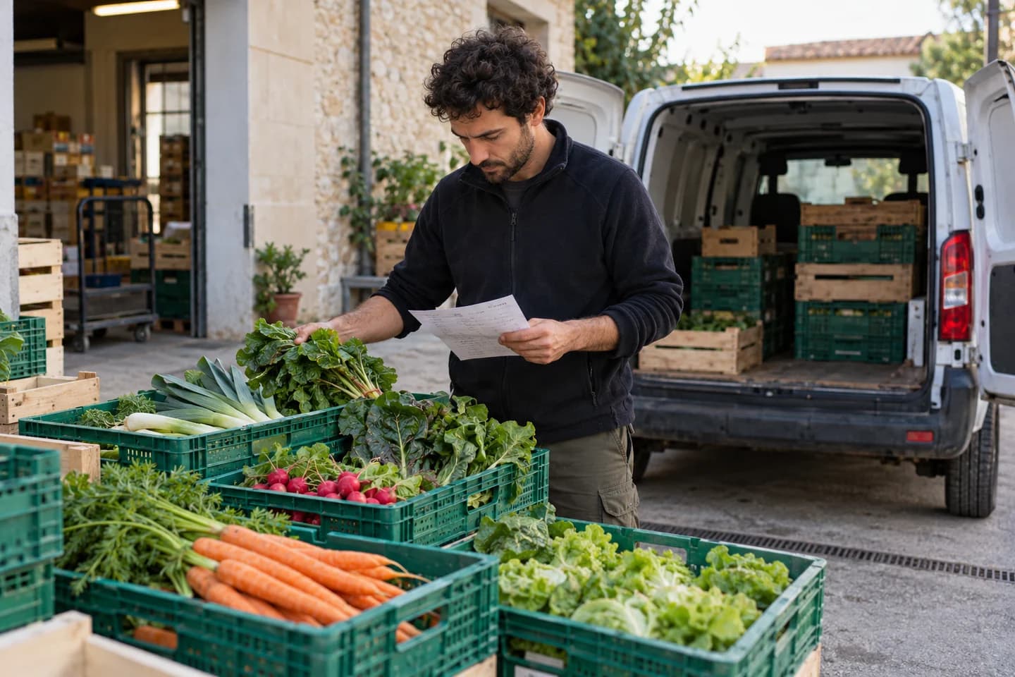 A worker loads produce boxes into a delivery van.