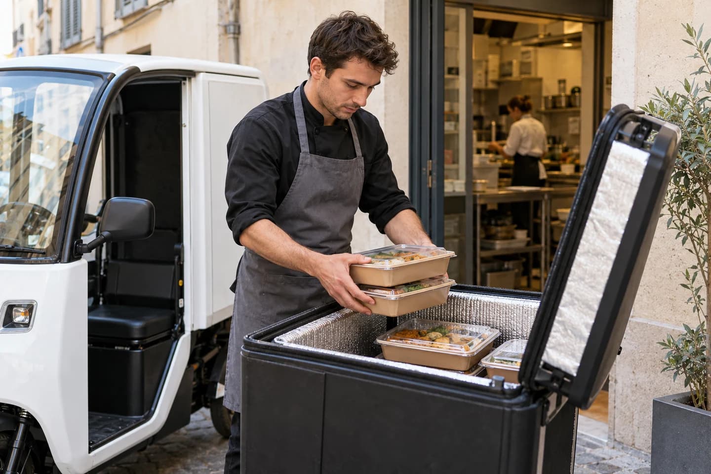 Un livreur range des repas conditionnés dans des caissons de transport.