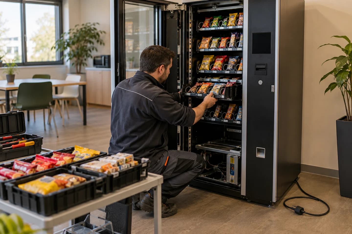 Un technicien contrôle un distributeur automatique installé dans un espace de pause.