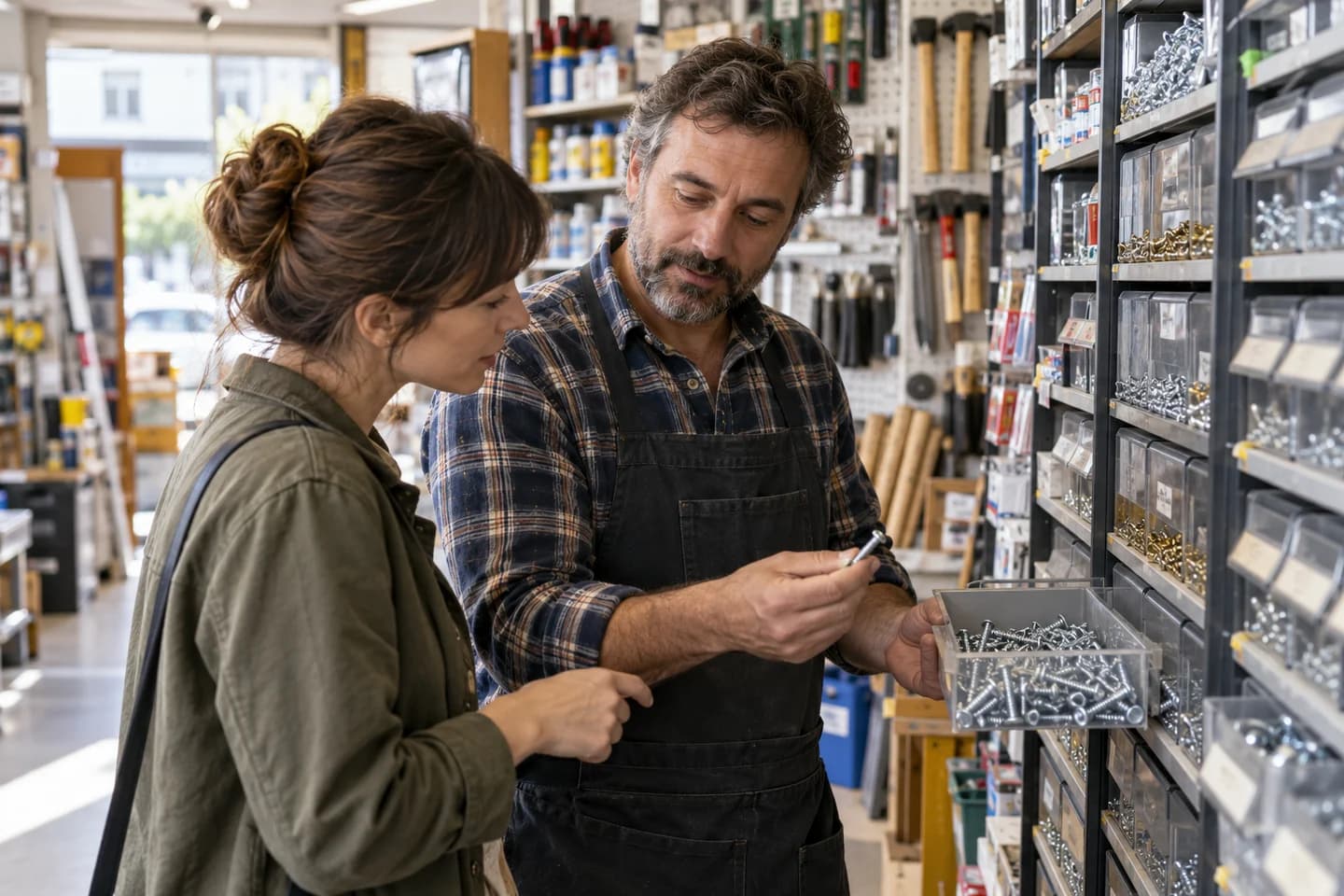A hardware shopkeeper helps a customer choose screws.