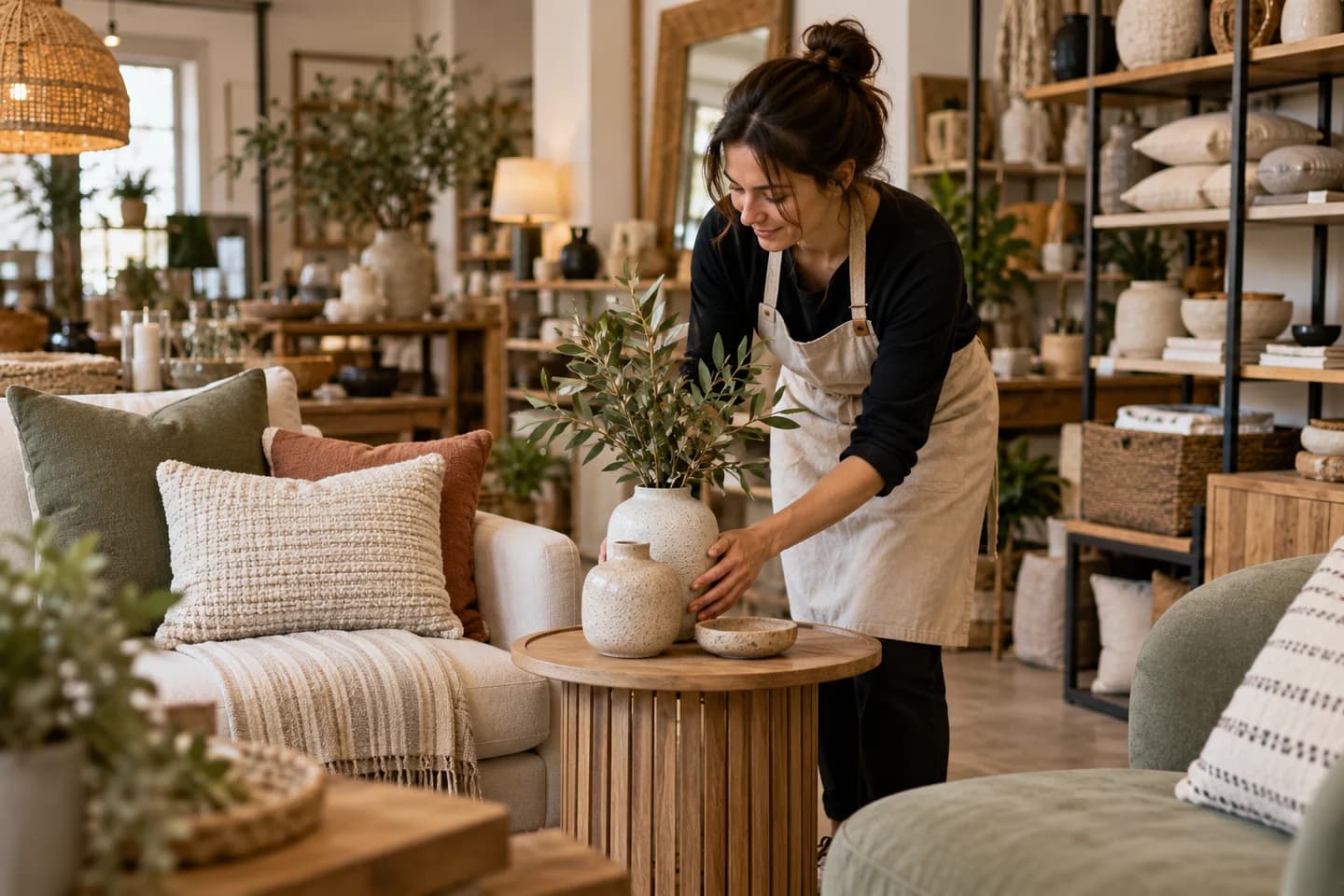 A retailer arranges small furniture and decorative objects.