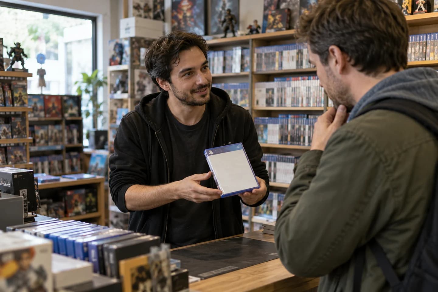 Un vendeur présente un jeu à un client adulte.