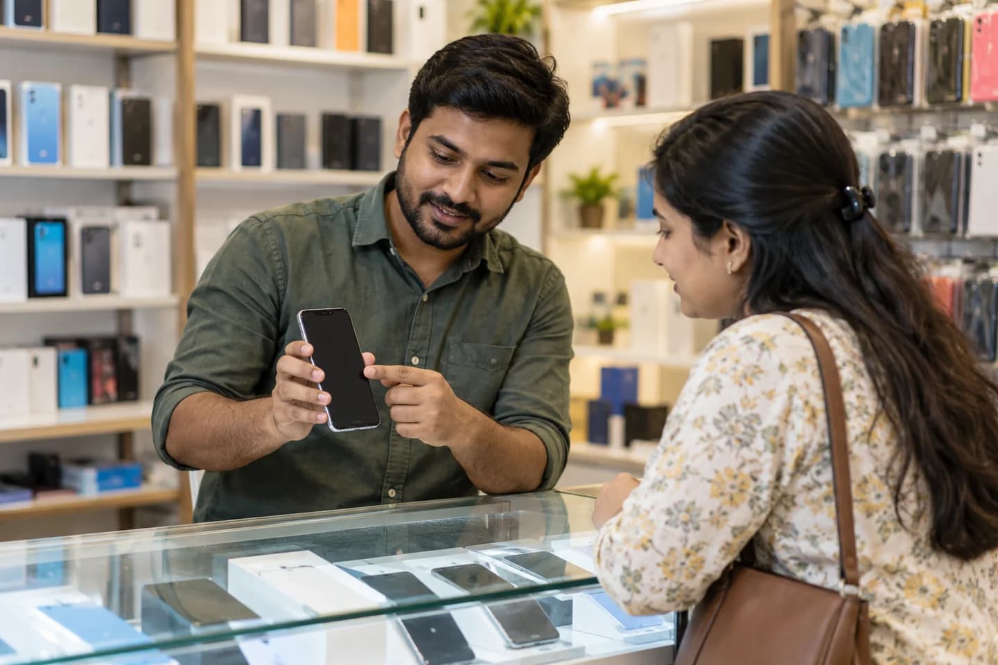 Un vendeur montre un smartphone à un client en boutique.