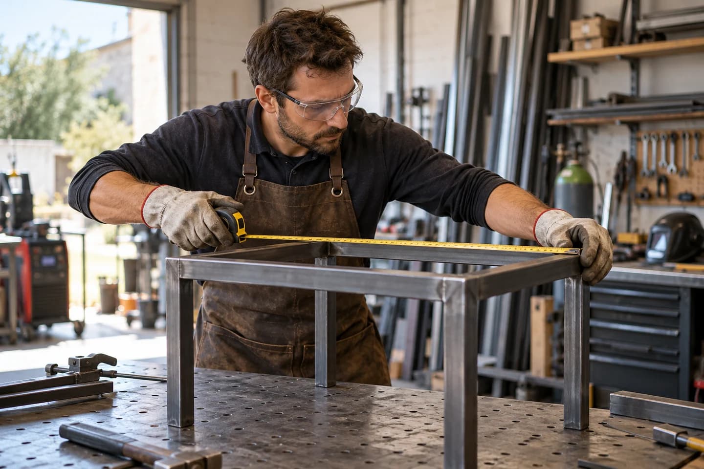 Métallier mesurant un châssis de table en acier