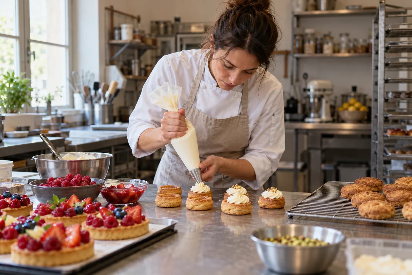 Une pâtissière termine des pâtisseries dans un petit laboratoire.