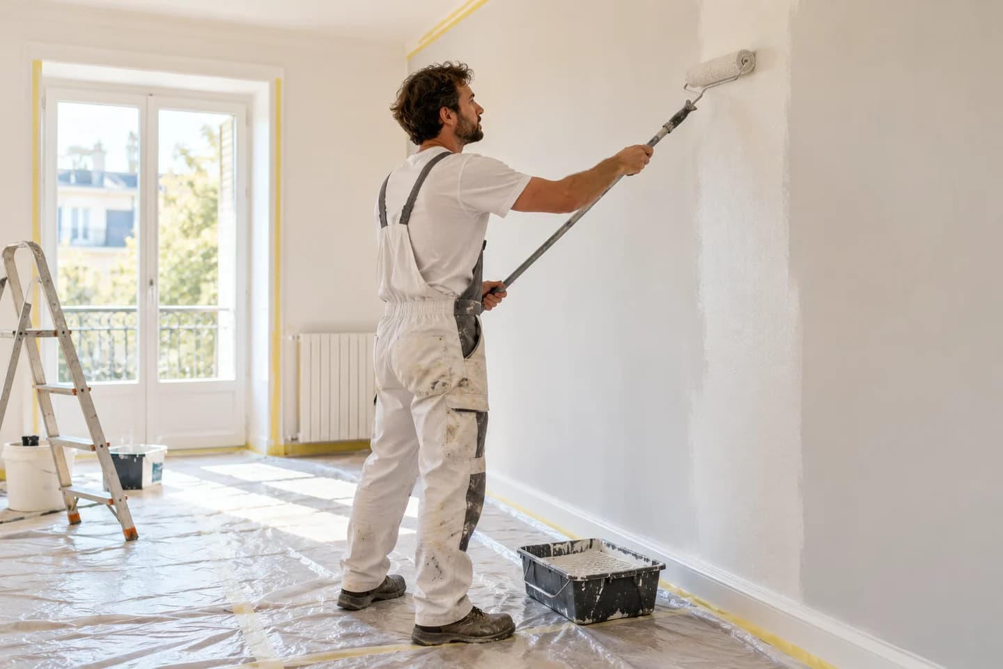 Peintre appliquant une couche sur un mur protégé