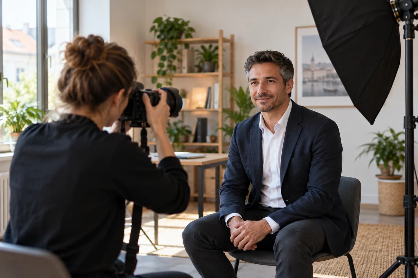 Une photographe réalise un portrait professionnel dans une entreprise.