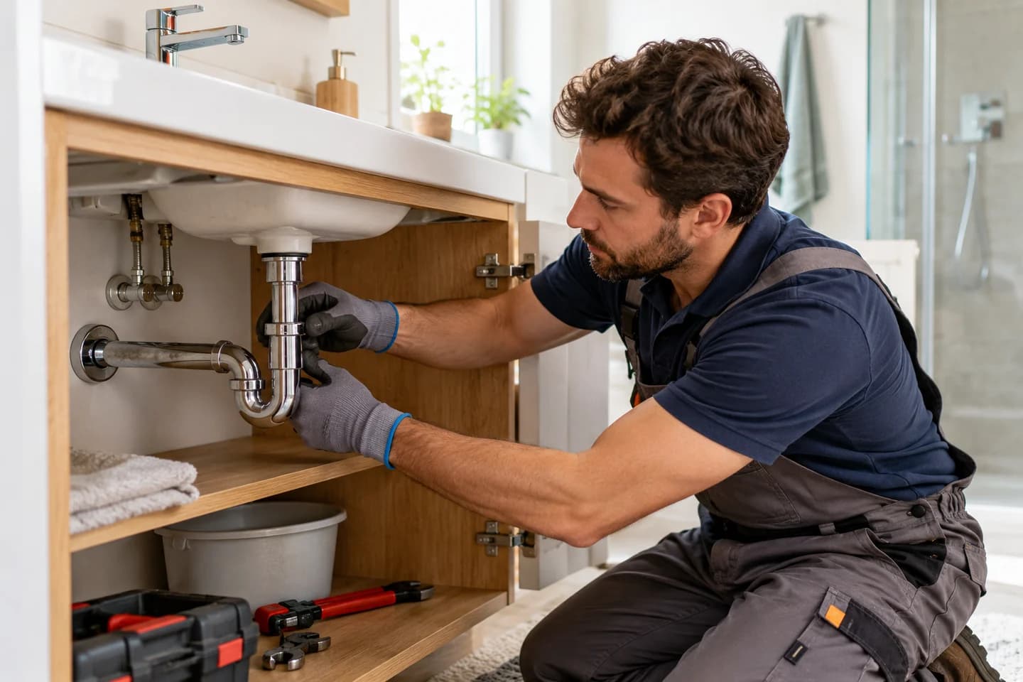 Plombier ajustant un siphon sous un lavabo