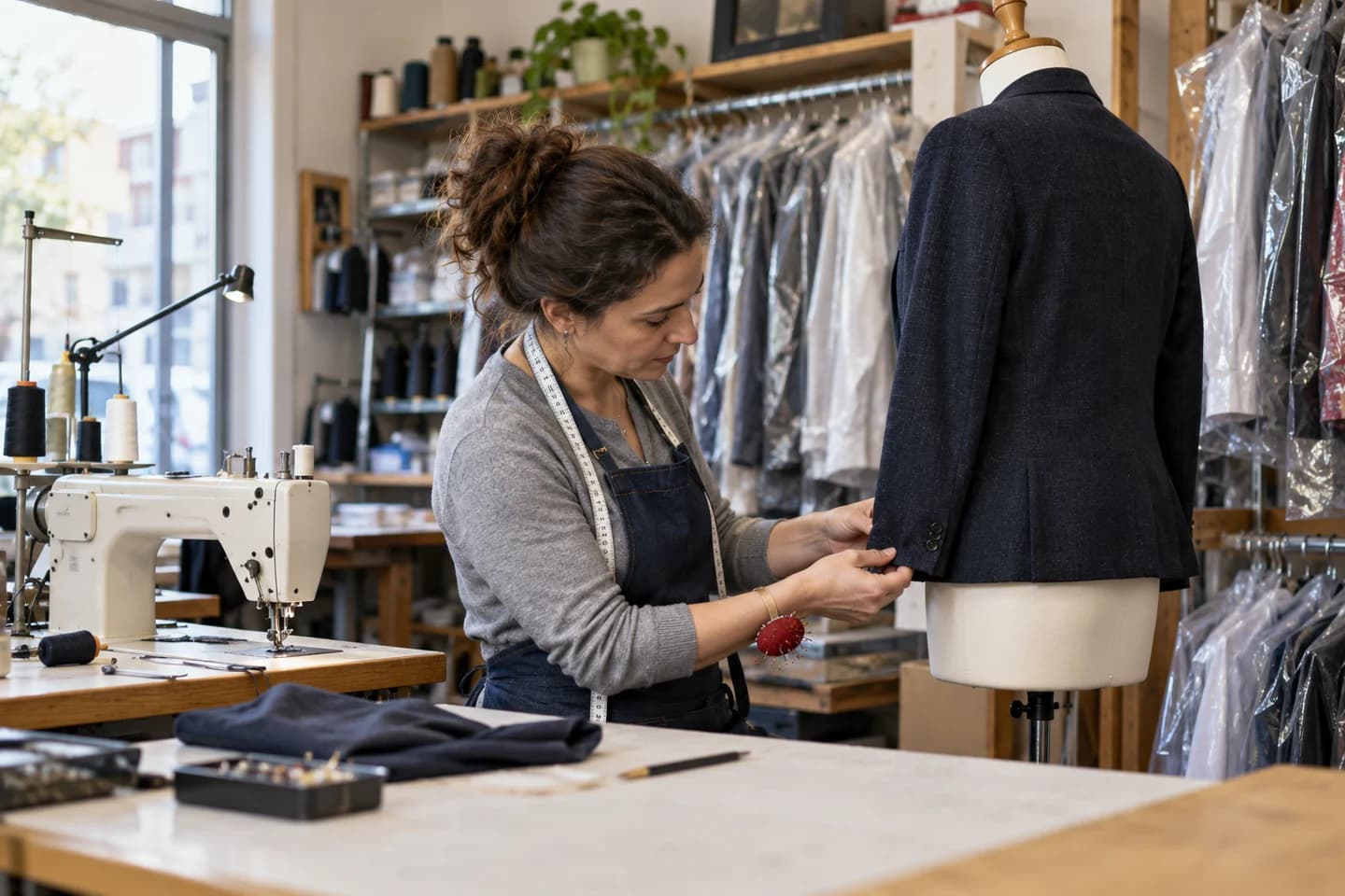Une professionnelle examine un vêtement dans un atelier de retouches.