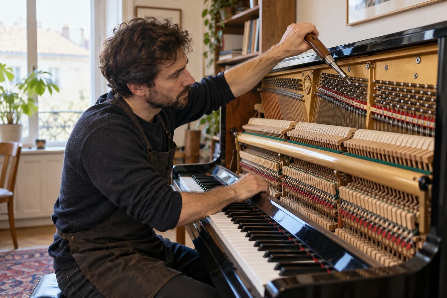 Tuner working inside an open upright piano