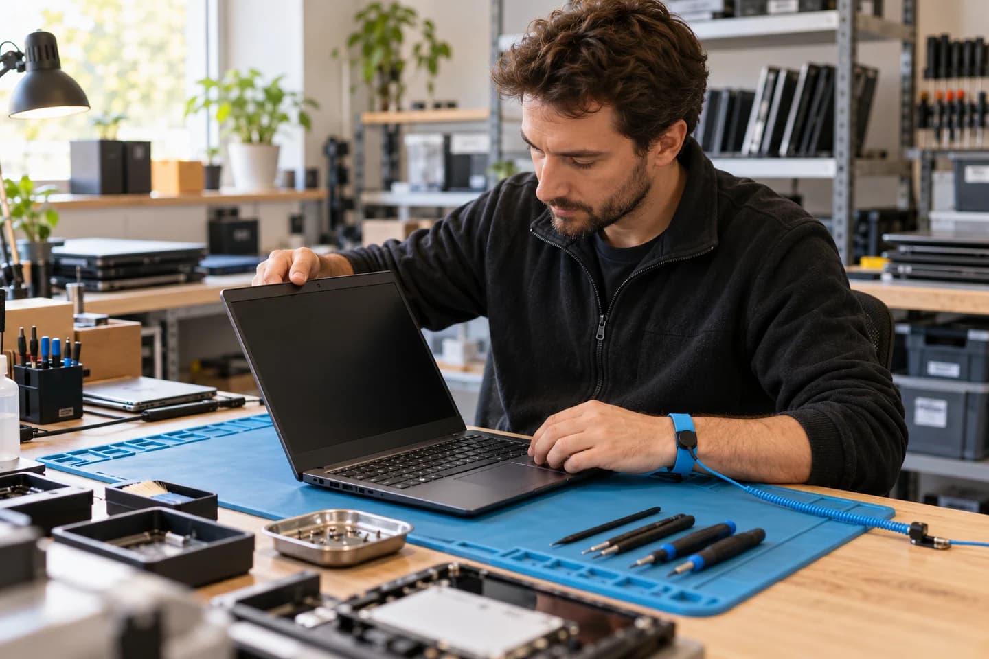 Technicien contrôlant un portable sur un tapis antistatique
