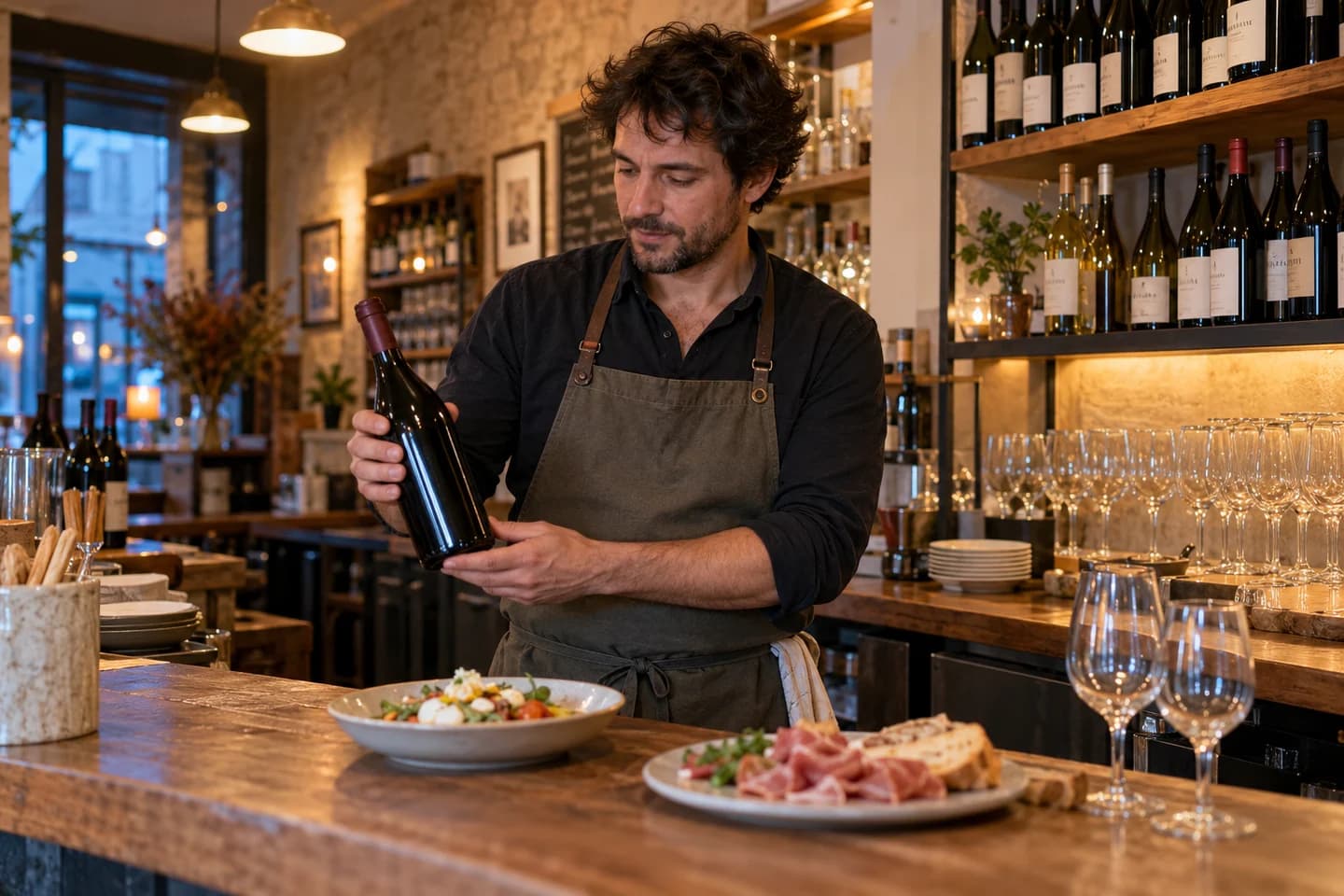 Una camarera prepara copas en un pequeño restaurante y bar de vinos.