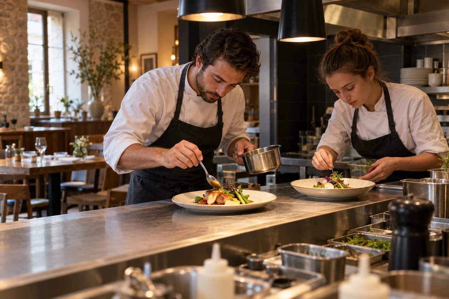 Un equipo emplata en un pequeño restaurante gastronómico.
