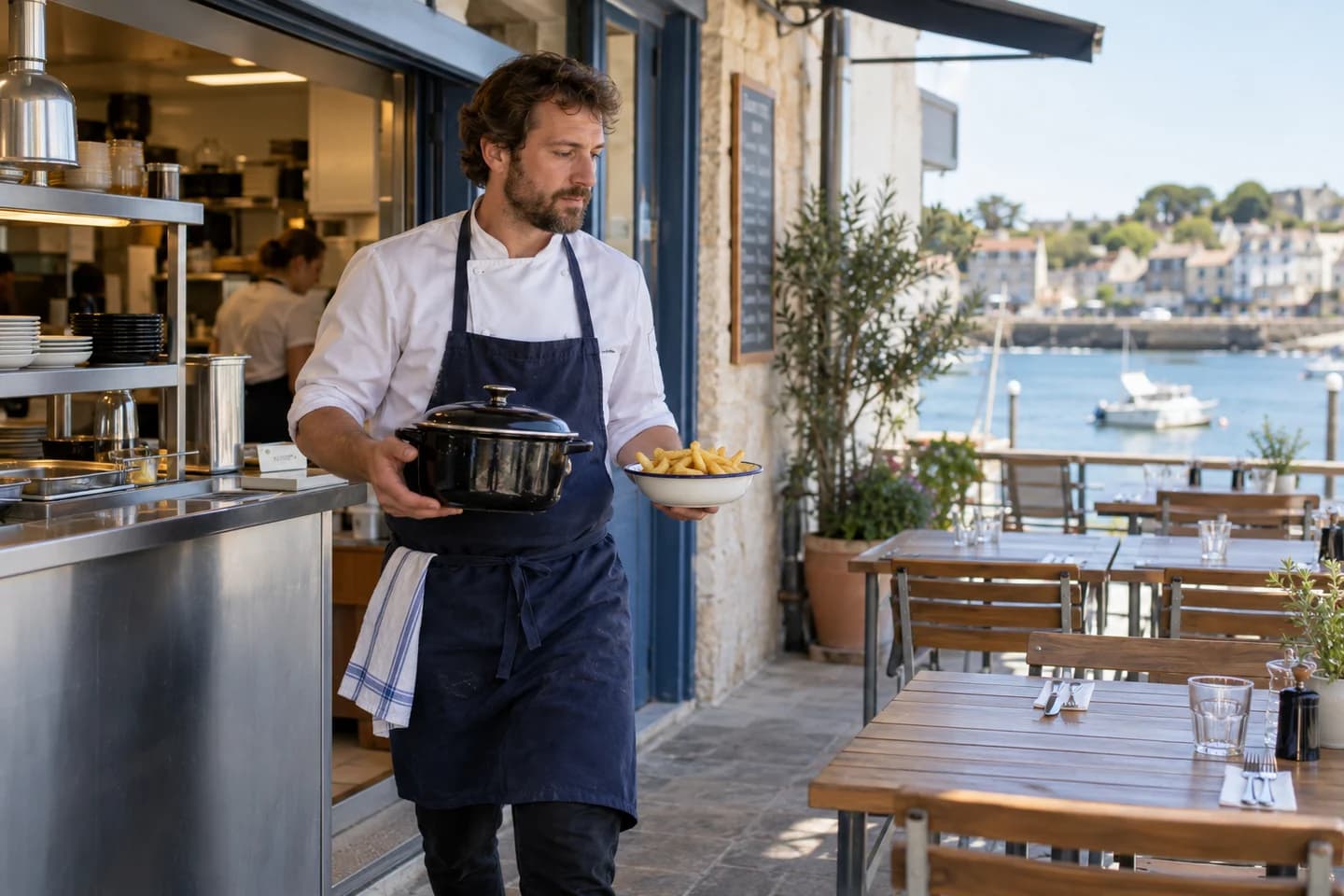 Un equipo sirve mejillones y patatas en un restaurante costero.