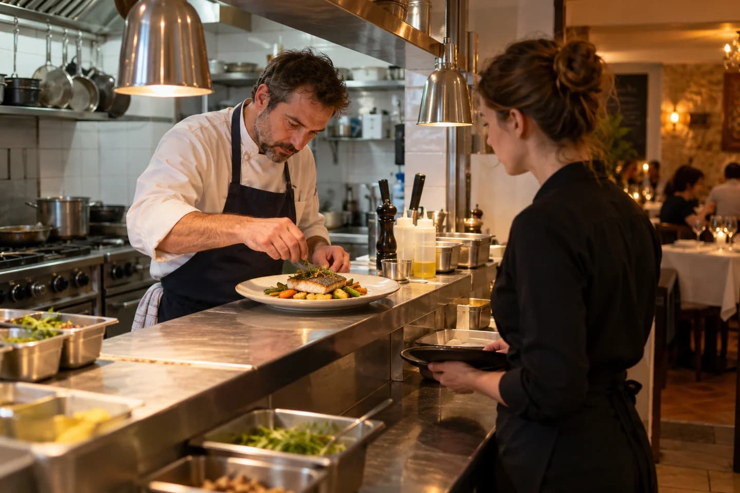 Un chef et un membre du service préparent l’envoi d’un plat.