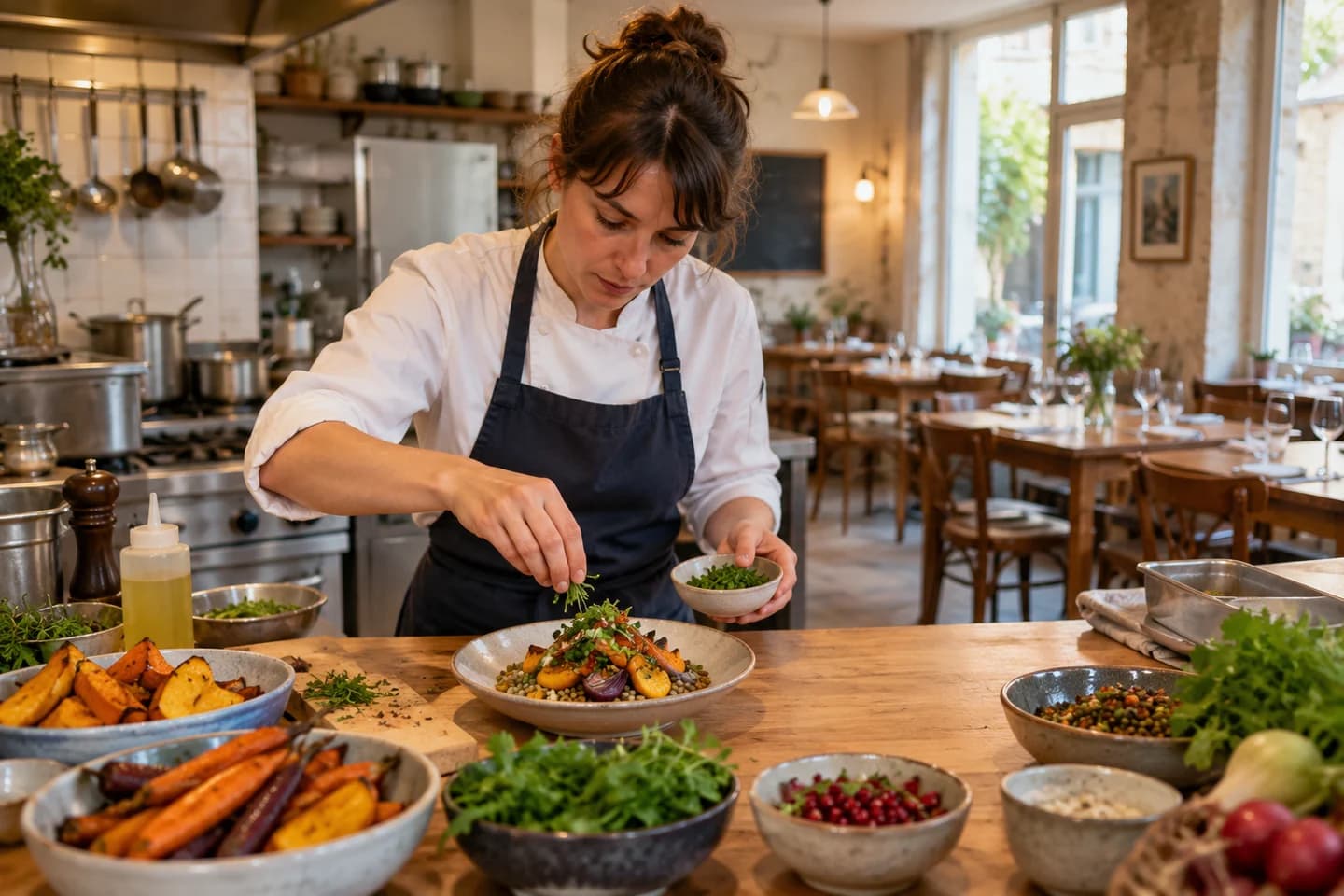 Un cuisinier termine des plats végétariens dans une cuisine de restaurant.