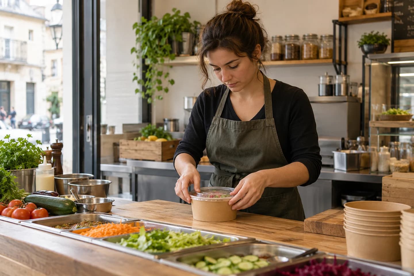 Une personne prépare une commande au comptoir de vente à emporter.