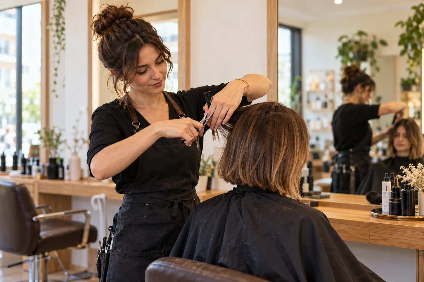 Une coiffeuse travaille auprès d’une cliente dans un salon indépendant.