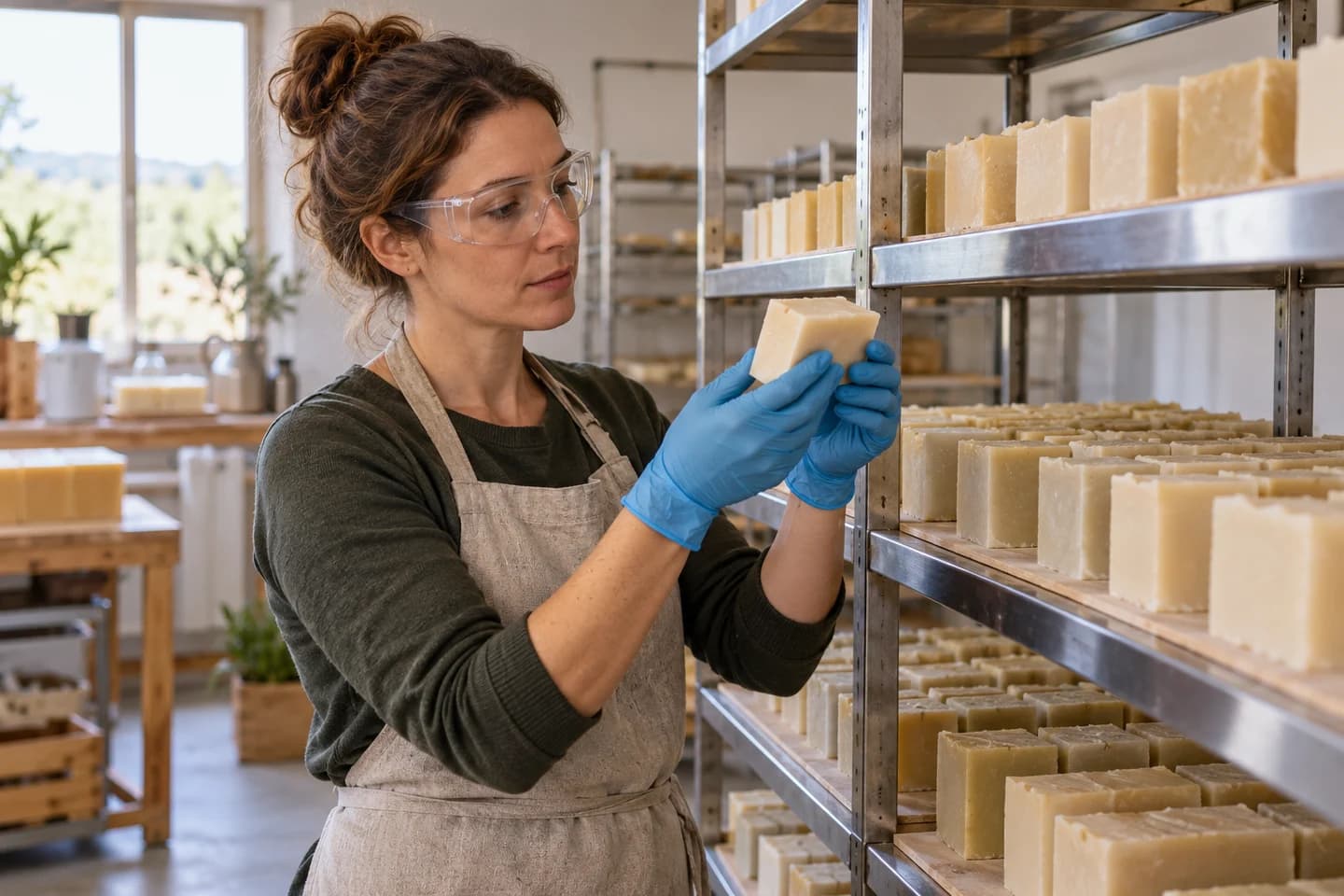 Fabricante contrôlant des pains de savon ménager