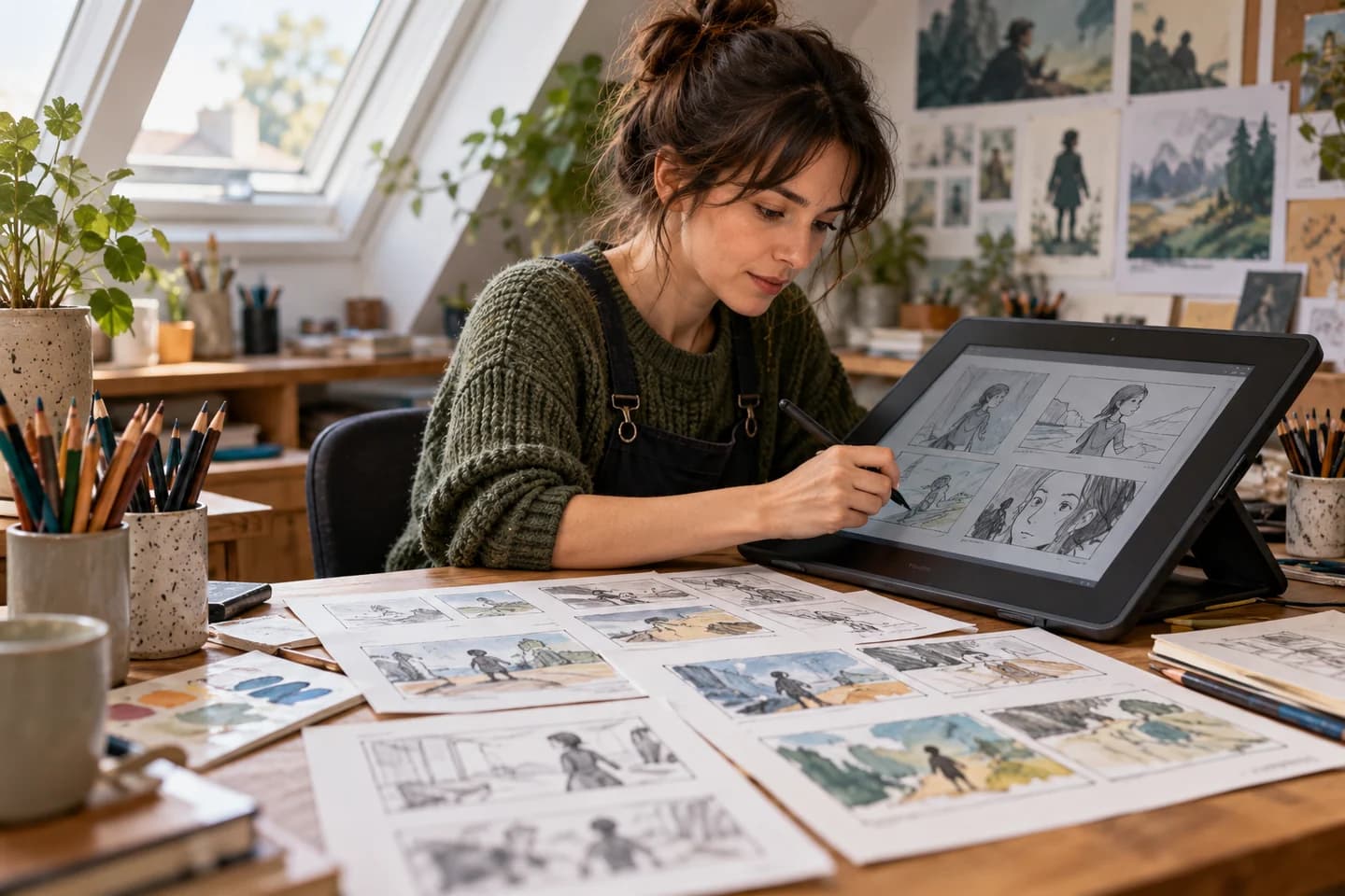 Una ilustradora dibuja un storyboard en su estudio.