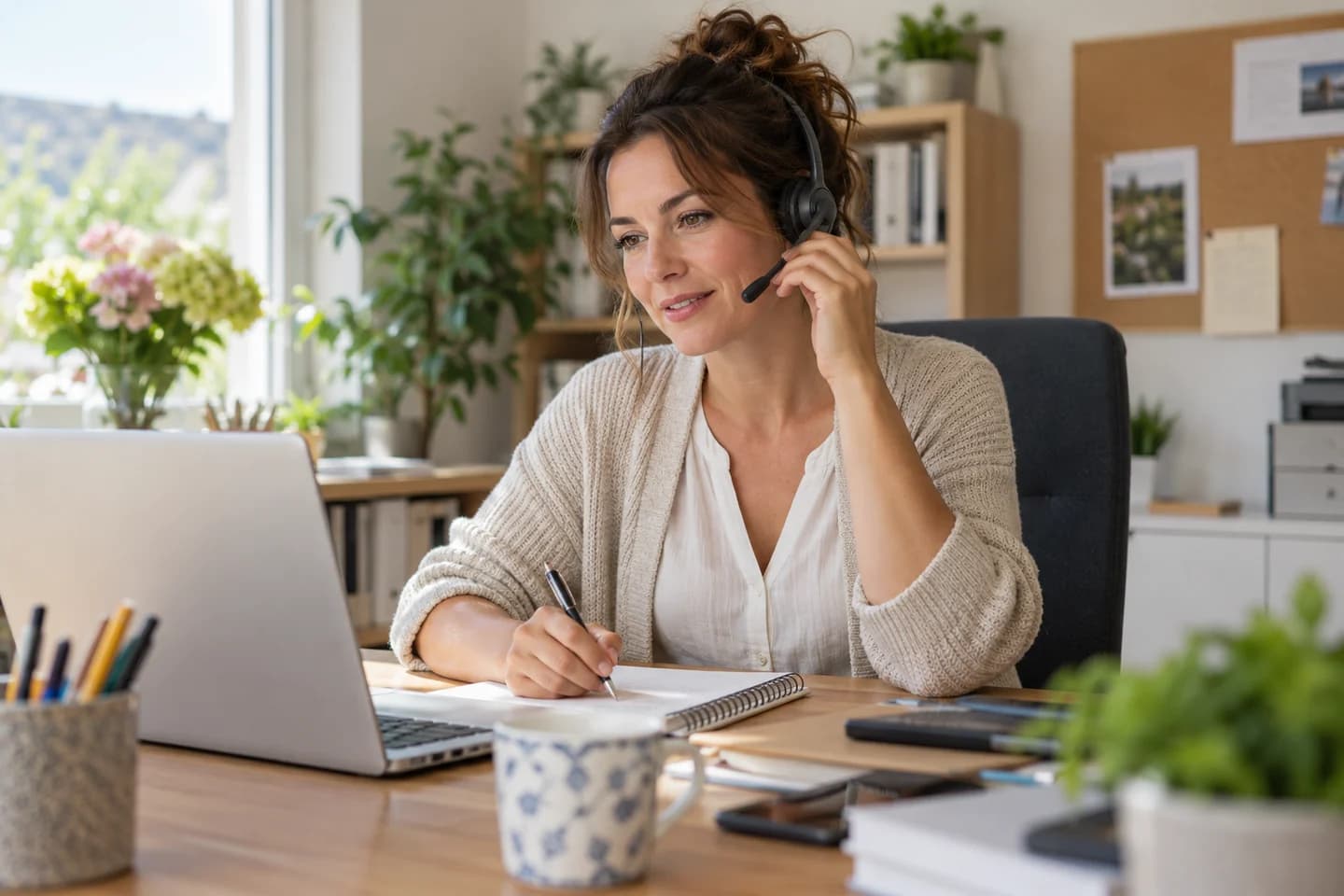 Une secrétaire indépendante traite un appel depuis son bureau.