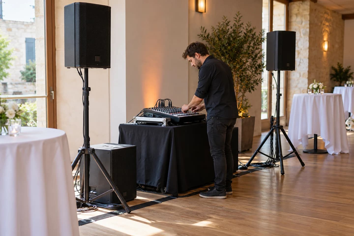 Technicien préparant une console son avant une réception