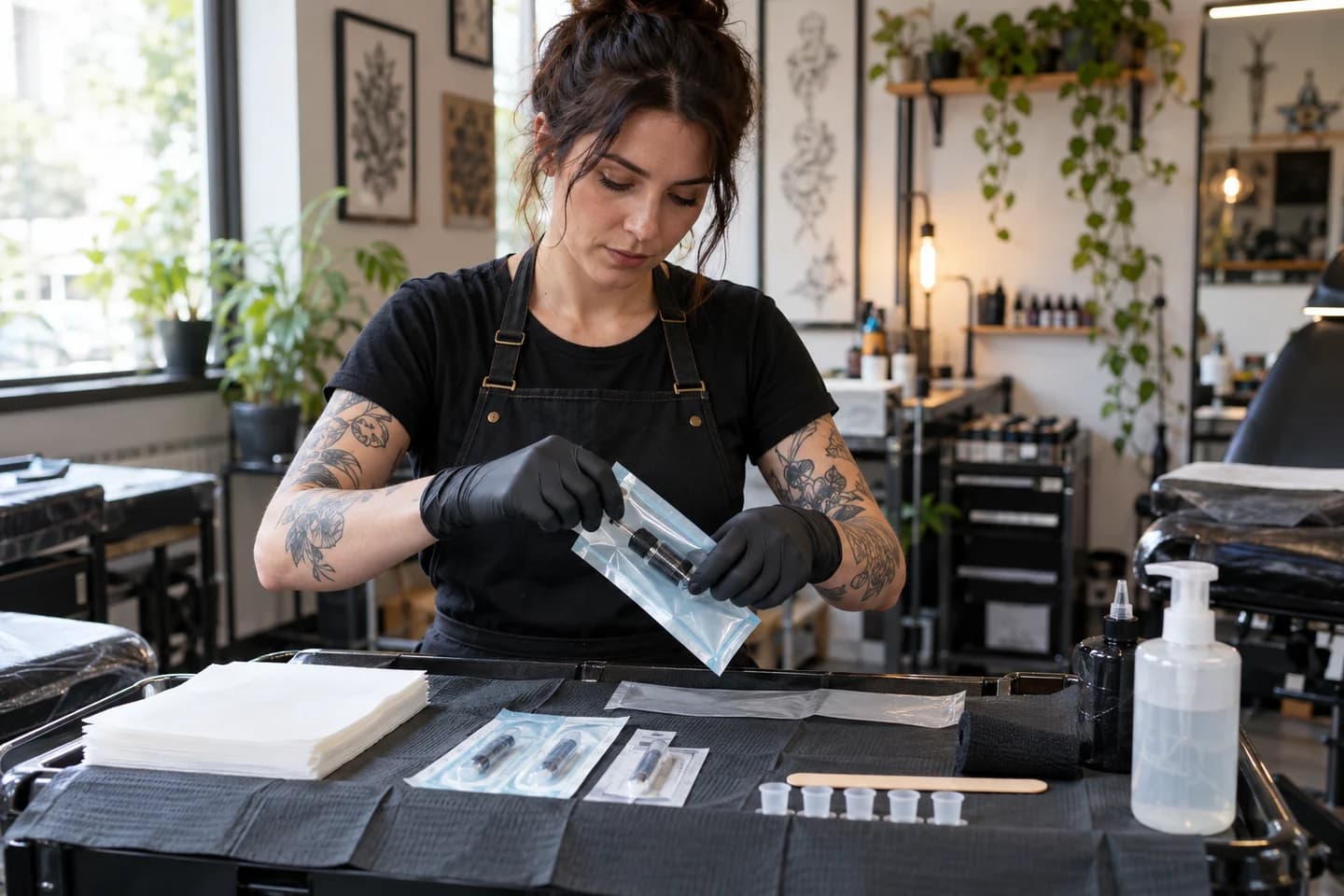 Une tatoueuse prépare un poste avec des fournitures scellées.