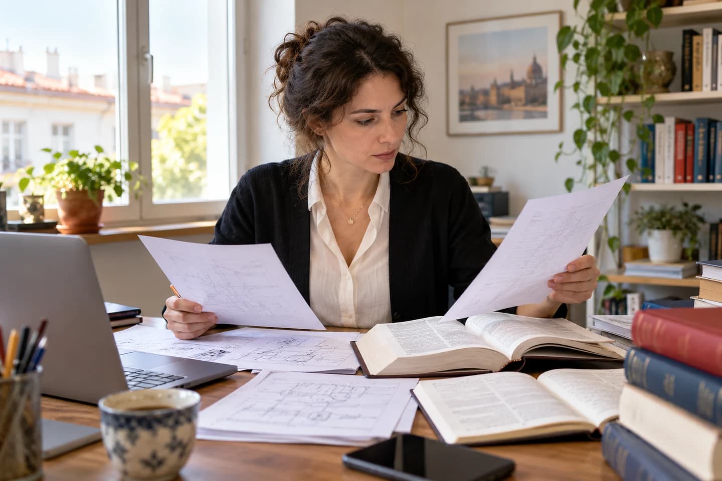 Une traductrice compare des documents techniques à son bureau.